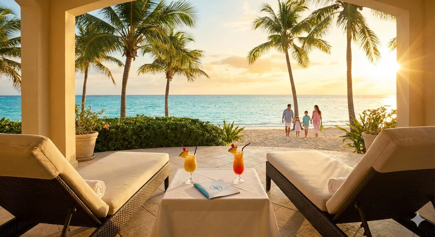 Luxury resort beach sunset view with patio lounge chairs overlooking tropical beach - Stay Resort Now